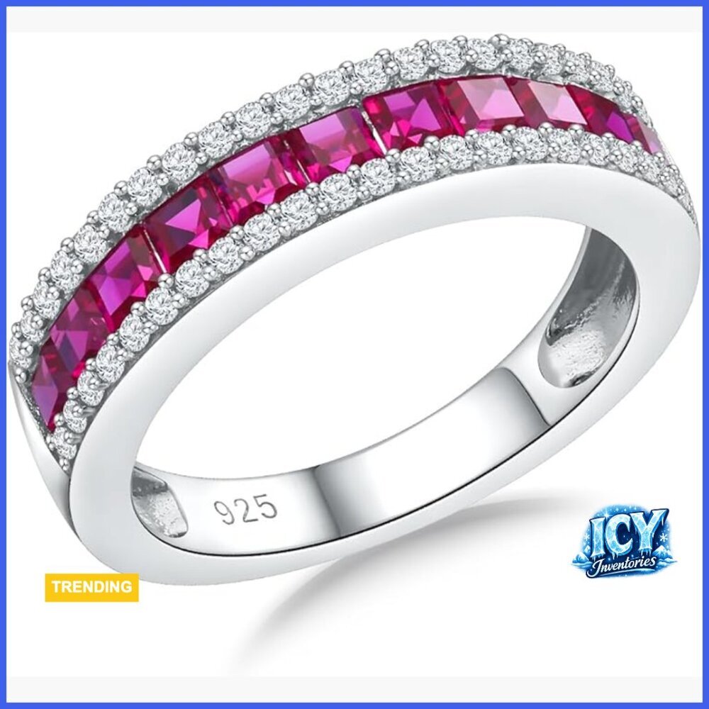 925 Sterling Silver Half Eternity Wedding Band with Created Ruby Gemstone